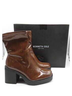 Kenneth Cole Women's Amber Brown Patent Block Heel Boots Size 9 NEW